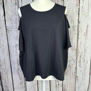 Athleta Size XL Intention Tee T-Shirt Black Cold Shoulder Cropped Length Soft!‎